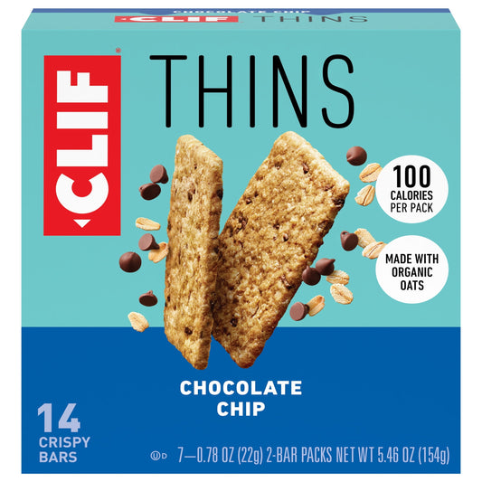 CLIF BAR Thins - Chocolate Chip - Crispy Snack Bars - Made with Organic Oats - Non-GMO - Plant-Based - 100 Calorie Packs - 0.78 oz. (7 Pack)