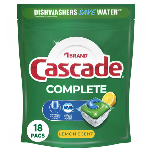 Cascade Complete ActionPacs Dishwasher Detergent, Lemon Scent, 18 Count