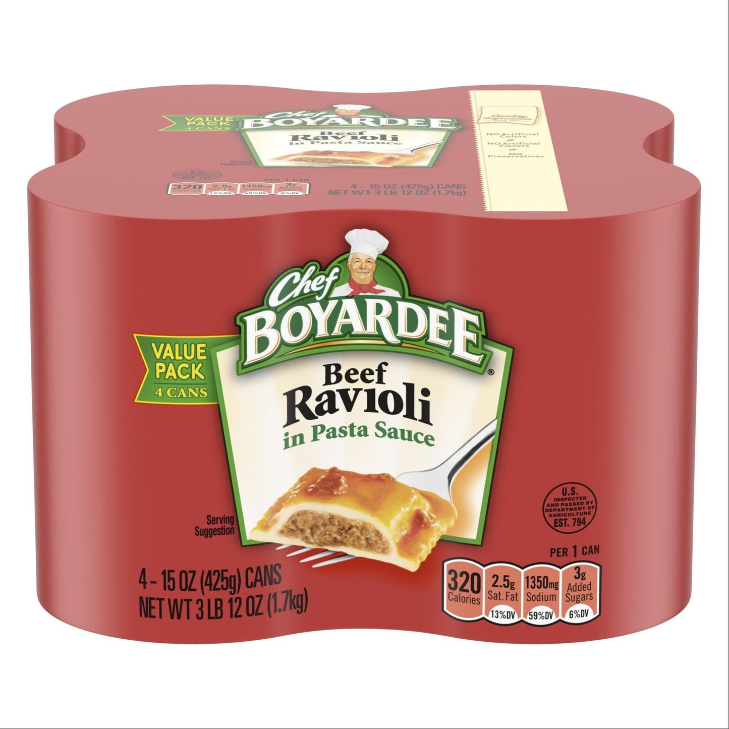 Chef Boyardee Beef Ravioli in Tomato Sauce, Microwave Pasta, 4 Pack, 15 Oz