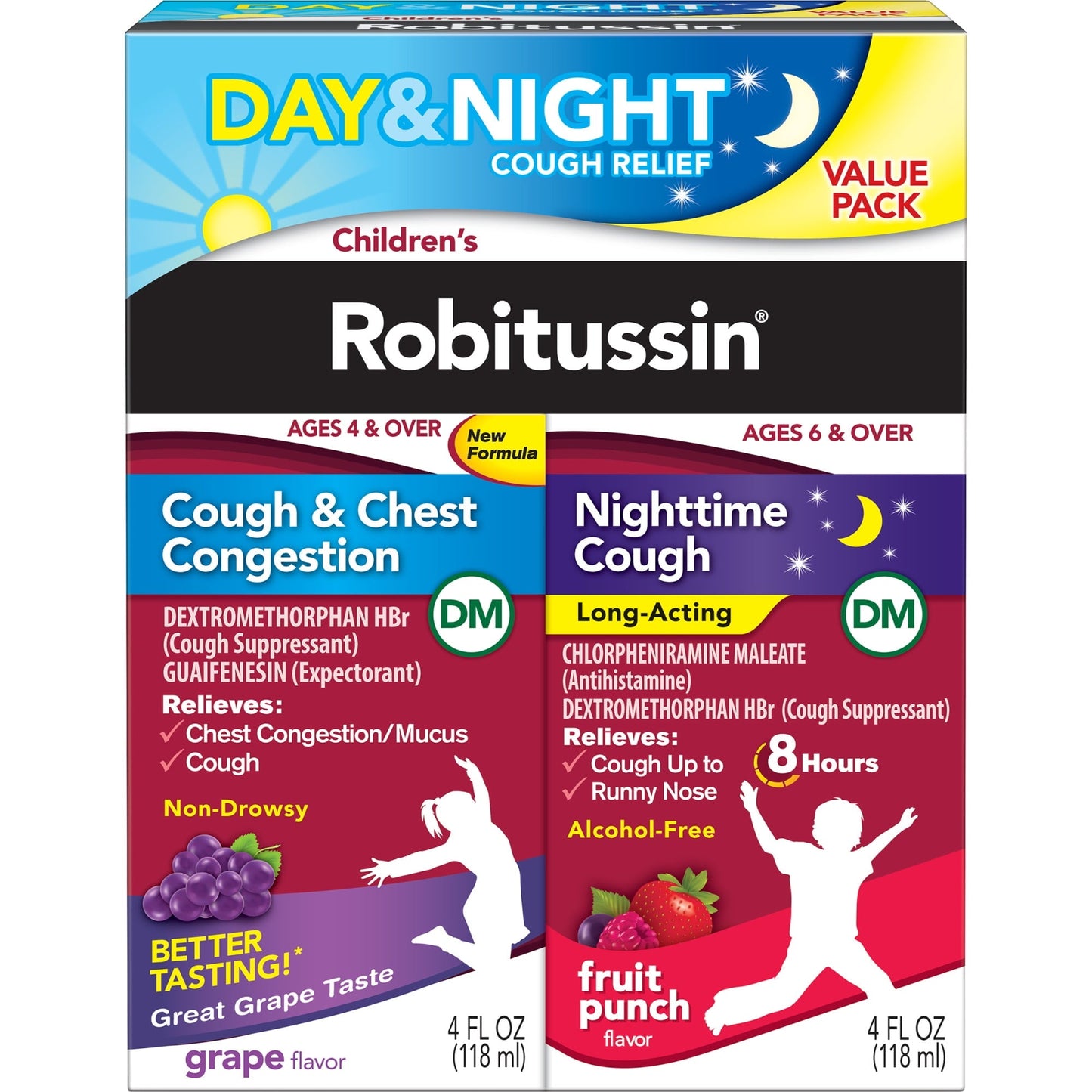 Children's Robitussin Kids Cough and Cold Medicine for Day and Night Relief, 4 Fl Oz, 2 Pack