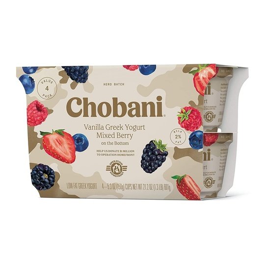 Chobani Hero Batch, Vanilla Greek Yogurt with Mixed Berry on the Bottom 5.3 oz, 4 Count Plastic