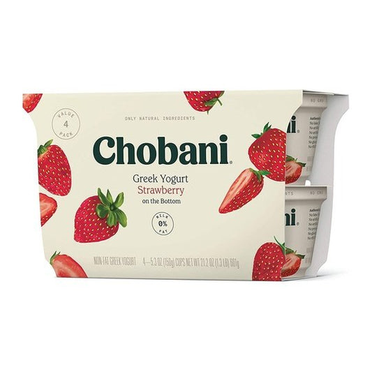 Chobani Strawberry Non-Fat Greek Yogurt Value Pack, 5.3 oz, 4 Pack, Plastic
