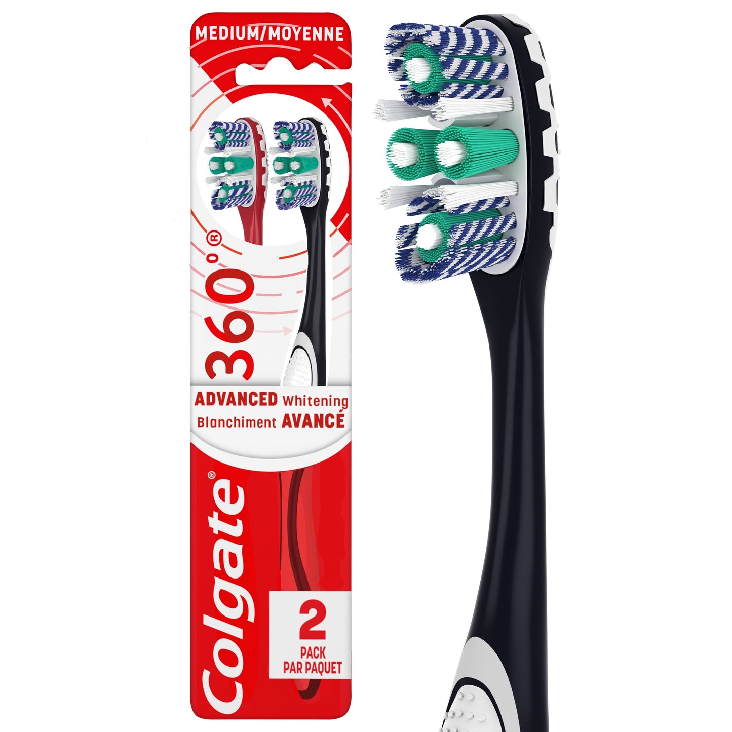 Colgate 360 Optic White Advanced Adult Medium Toothbrush, Whitening Toothbrush, 2 Pack