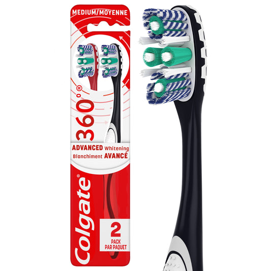Colgate 360 Optic White Advanced Adult Medium Toothbrush, Whitening Toothbrush, 2 Pack