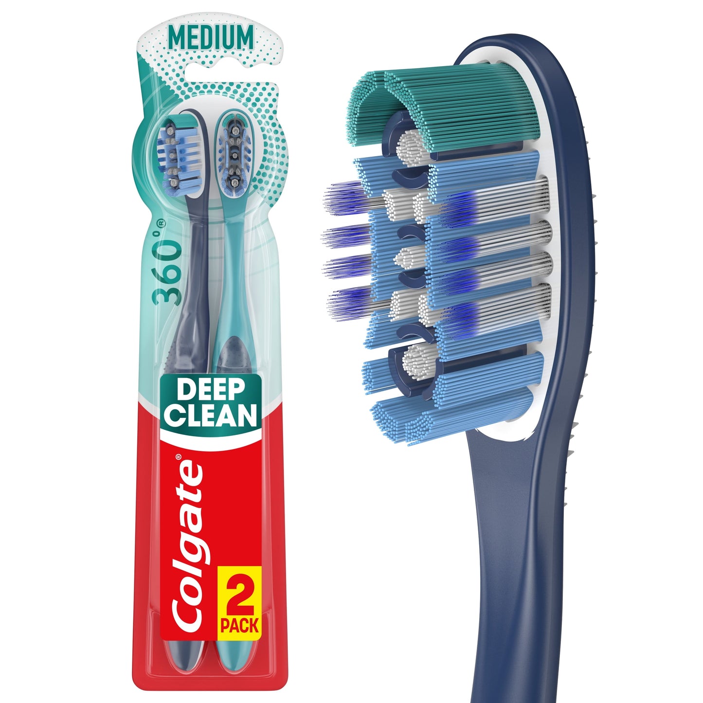 Colgate 360 Whole Mouth Clean Medium Toothbrush, Adult Toothbrush, 2 Pack