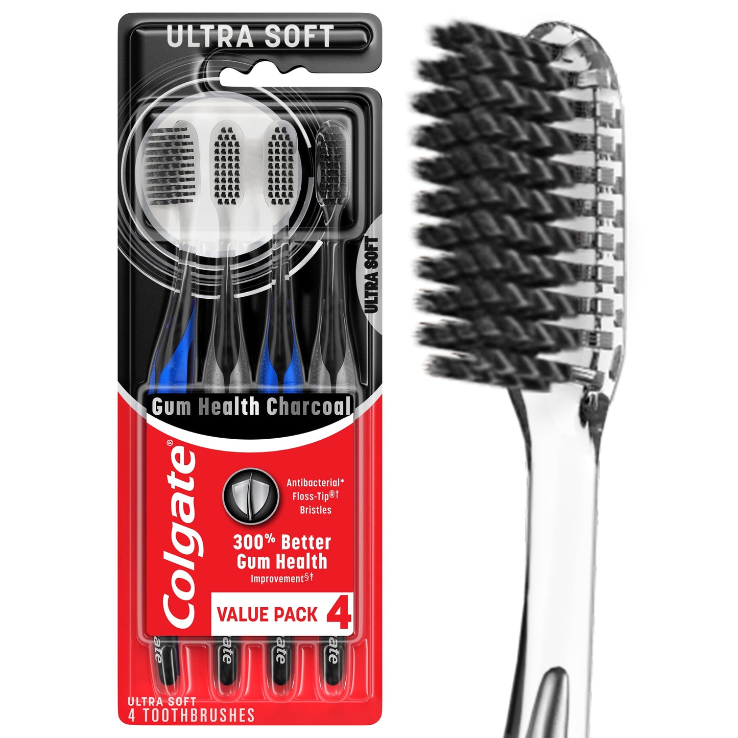 Colgate Gum Health Adult Manual Charcoal Toothbrush, Ultra Soft Toothbrush, 4 Pack