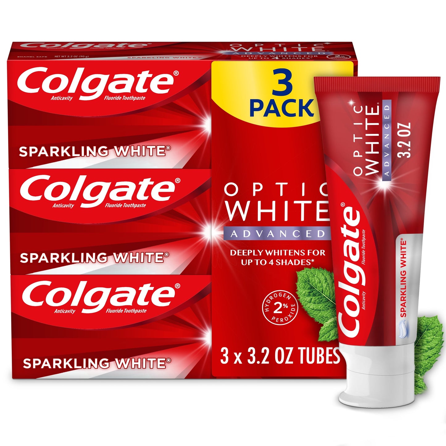 Colgate Optic White Advanced Hydrogen Peroxide Toothpaste, Sparkling White, 3 Pack, 3.2 oz