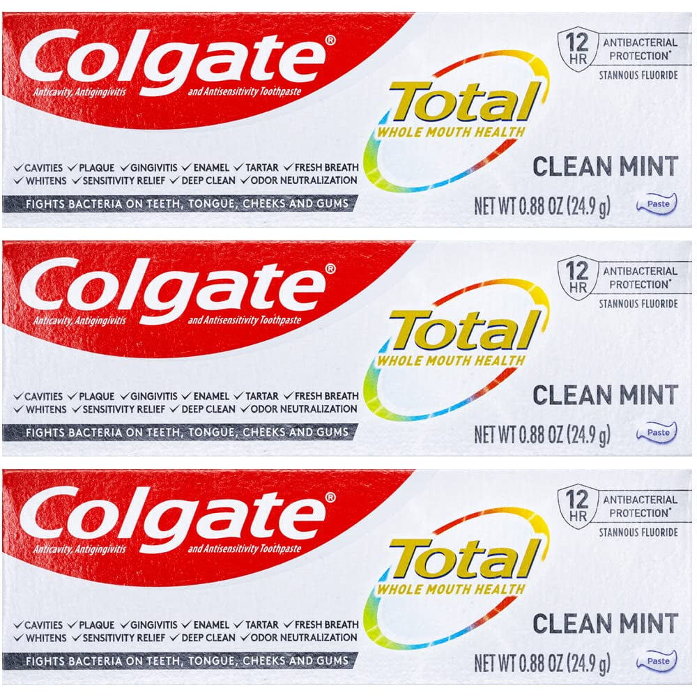 Colgate Total Toothpaste, Clean Mint, Travel Size 0.88 oz (24.9g) - Pack of 3