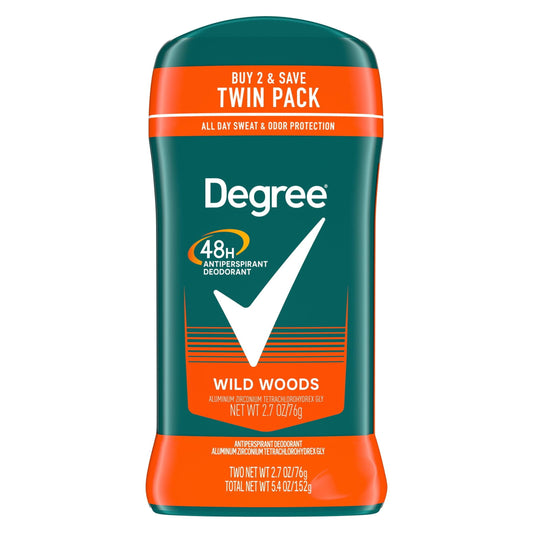 Degree Long Lasting Men's Antiperspirant Deodorant Stick Twin Pack, Wildwoods, 2.7 oz