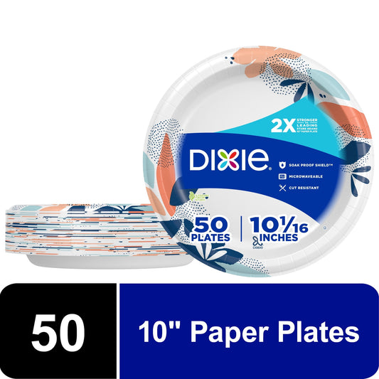 Dixie Disposable Paper Plates, Multicolor, 10 in, 50 Count