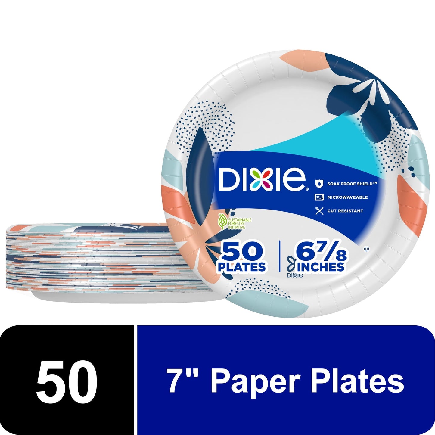 Dixie Disposable Paper Plates, Multicolor, 7 in, 50 Count