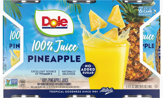 Dole All Natural 100% Pineapple Juice Can, 6 fl oz, 6 Count