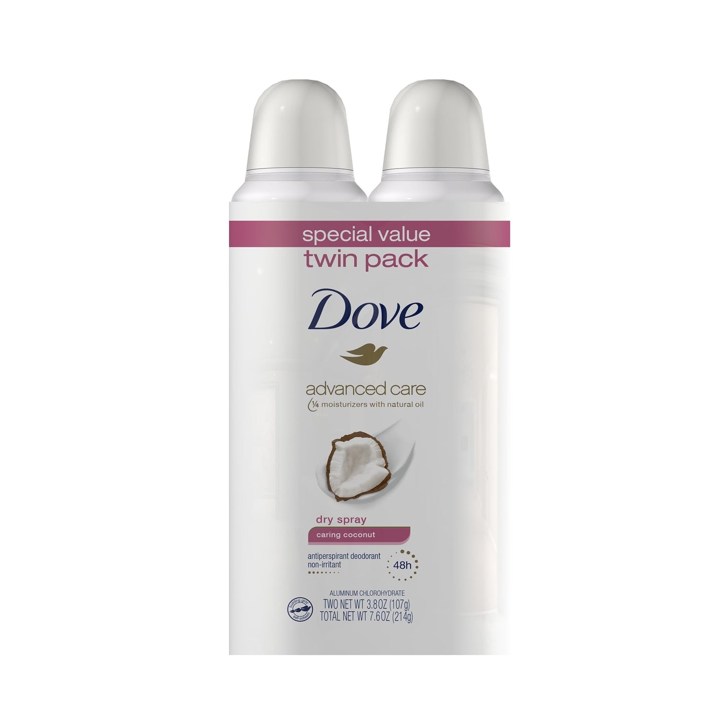 Dove Advanced Care Women's Antiperspirant Deodorant Dry Spray Twin Pack, Caring Coconut, 3.8 oz