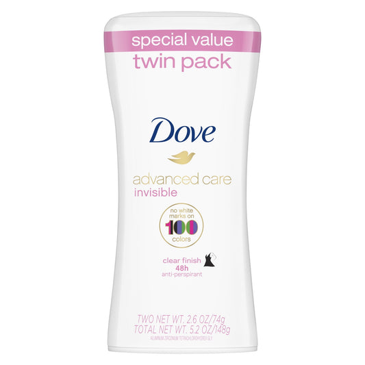 Dove Advanced Care Women's Antiperspirant Deodorant Stick Twin Pack, Invisible, 2.6 oz