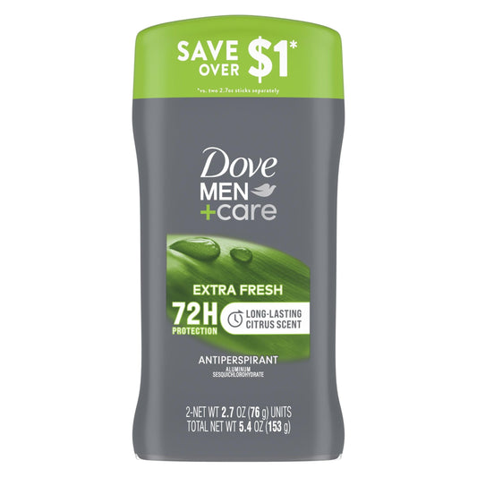 Dove Men+Care Extra Fresh Antiperspirant Deodorant Stick Twin Pack, Citrus, 2.7 oz
