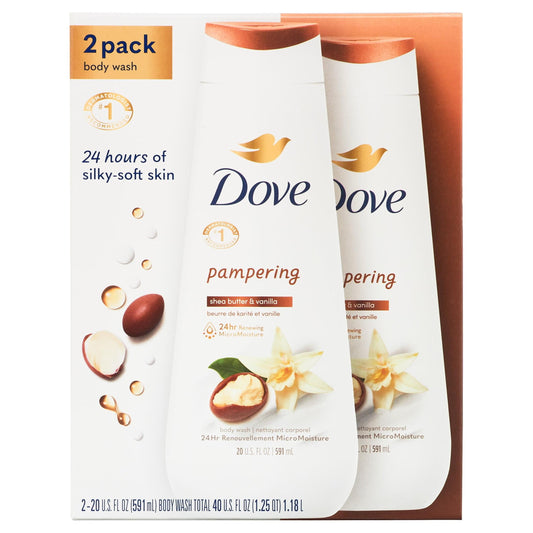 Dove Pampering Long Lasting Gentle Body Wash Twin Pack, Shea Butter and Vanilla, 20 fl oz