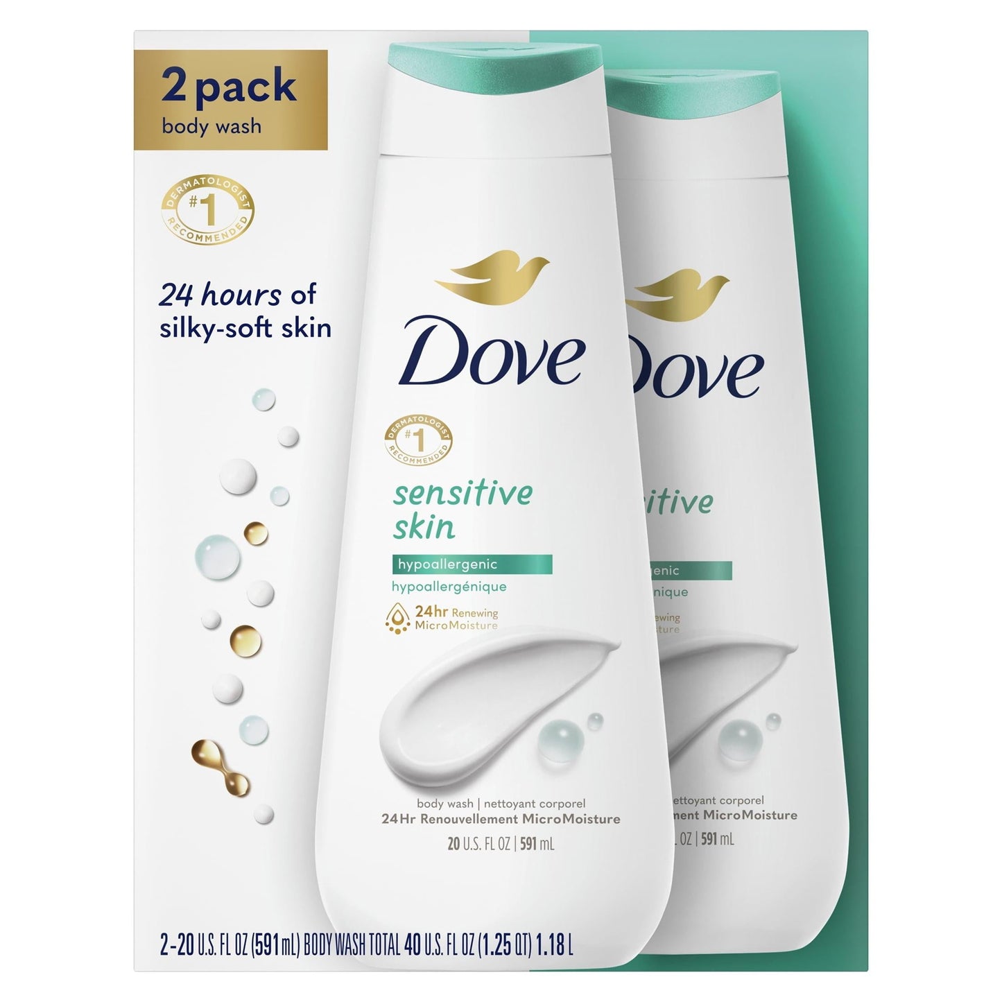 Dove Sensitive Skin Long Lasting Gentle Hypoallergenic Body Wash Twin Pack, 20 fl oz