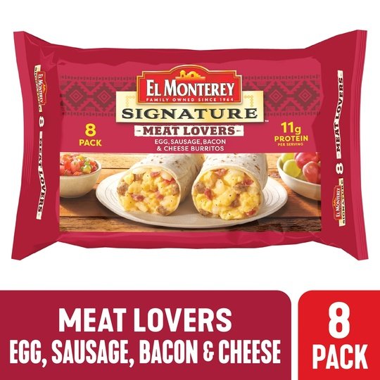 El Monterey Signature Meat Lovers Egg, Sausage, Bacon & Cheese Burritos 8 Count, 36 oz (Frozen)