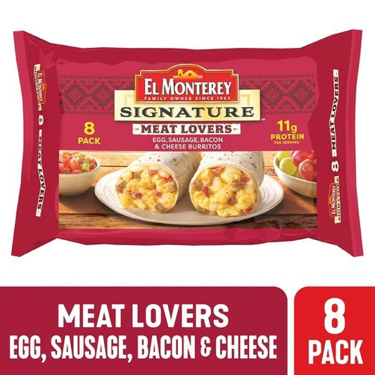 El Monterey Signature Meat Lovers Egg, Sausage, Bacon & Cheese Burritos 8 Count, 36 oz (Frozen)