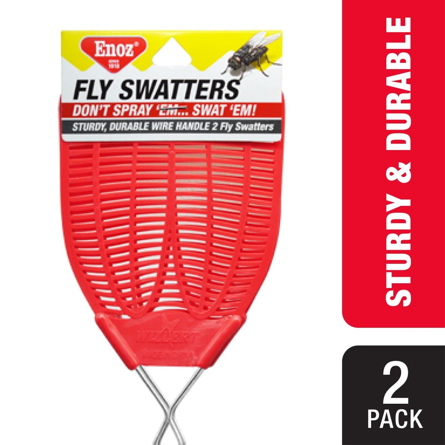 Enoz Fly Swatter, Wire Handled Plastic Fly Swatter, Assorted Colors, 2 Ct (4" L, 5" W, 21" H)