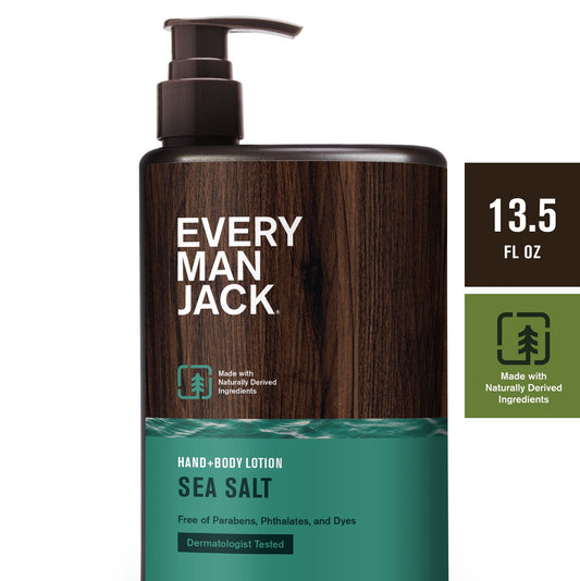 Every Man Jack Mens Sea Salt Hand & Body Lotion for All Skin Types - Dermatologist Tested & Hypoallergenic - Nourish Skin with Lightweight Fast Absorbing Natural Lotion - 13.5oz