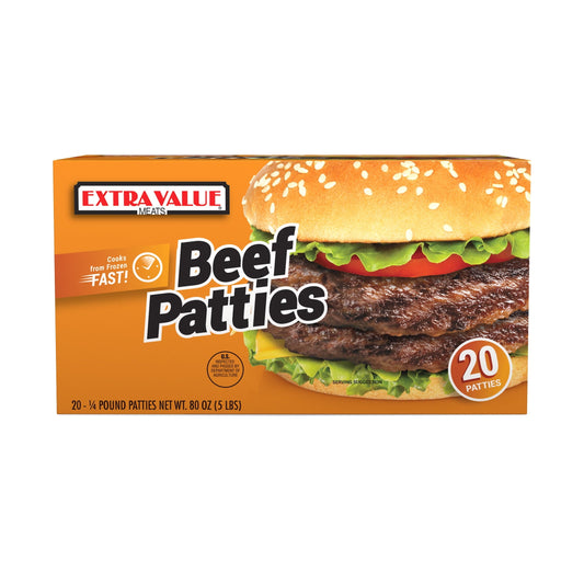 Extra Value Quarter Pound Beef Patties, 20 Count, 5 lbs, Dairy-Free, (Frozen)