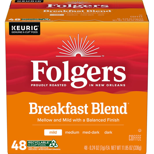 Folgers Breakfast Blend, Mild Roast Coffee, Keurig K-Cup Pods, 48 Count Box