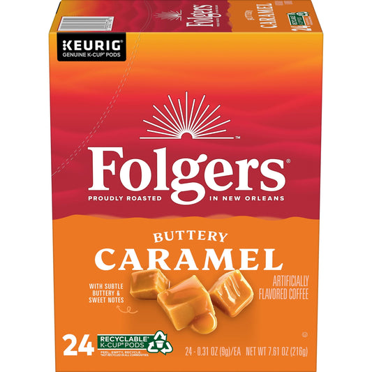 Folgers Buttery Caramel Artificially Flavored Coffee, Keurig K-Cup Pods, 24 Count Box