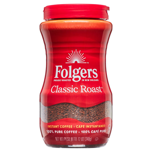 Folgers Classic Roast Instant Coffee Crystals, 12 Ounce Easy-Open Flip-Top Jar