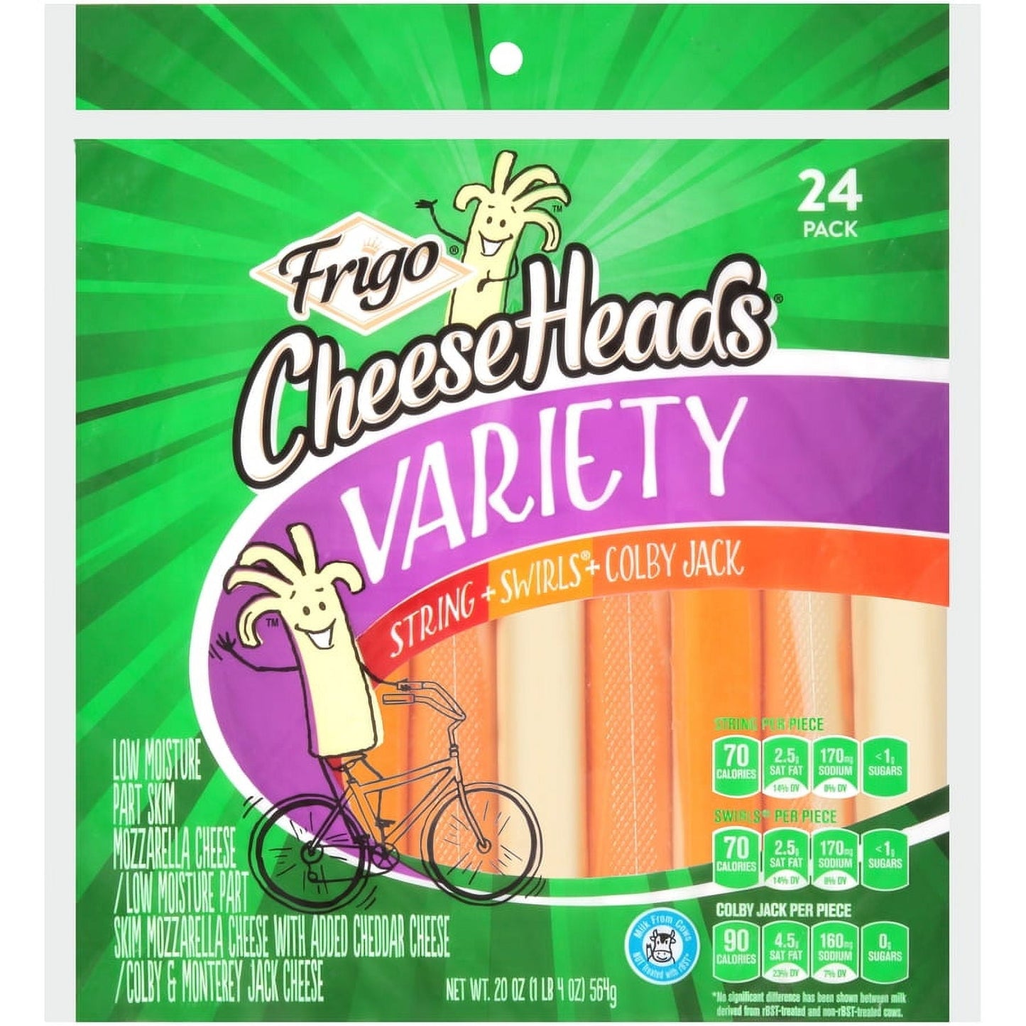 Frigo Cheese Heads Mozzarella String Cheese, Swirls and Colby Jack Cheese Sticks 20 oz, 24 Count