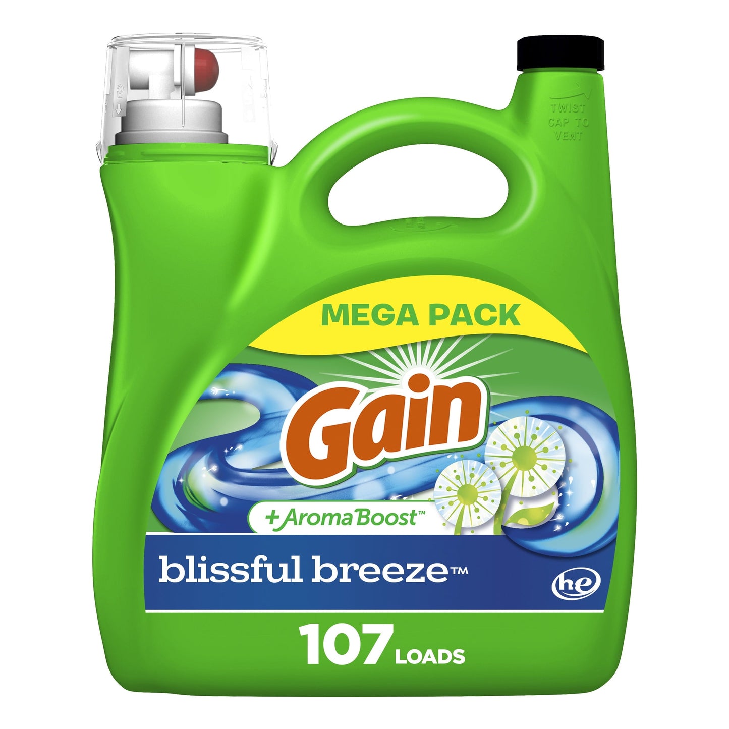 Gain + Aroma Boost Liquid Laundry Detergent, Blissful Breeze Scent, 107 Loads, 154 fl oz, HE Compatible