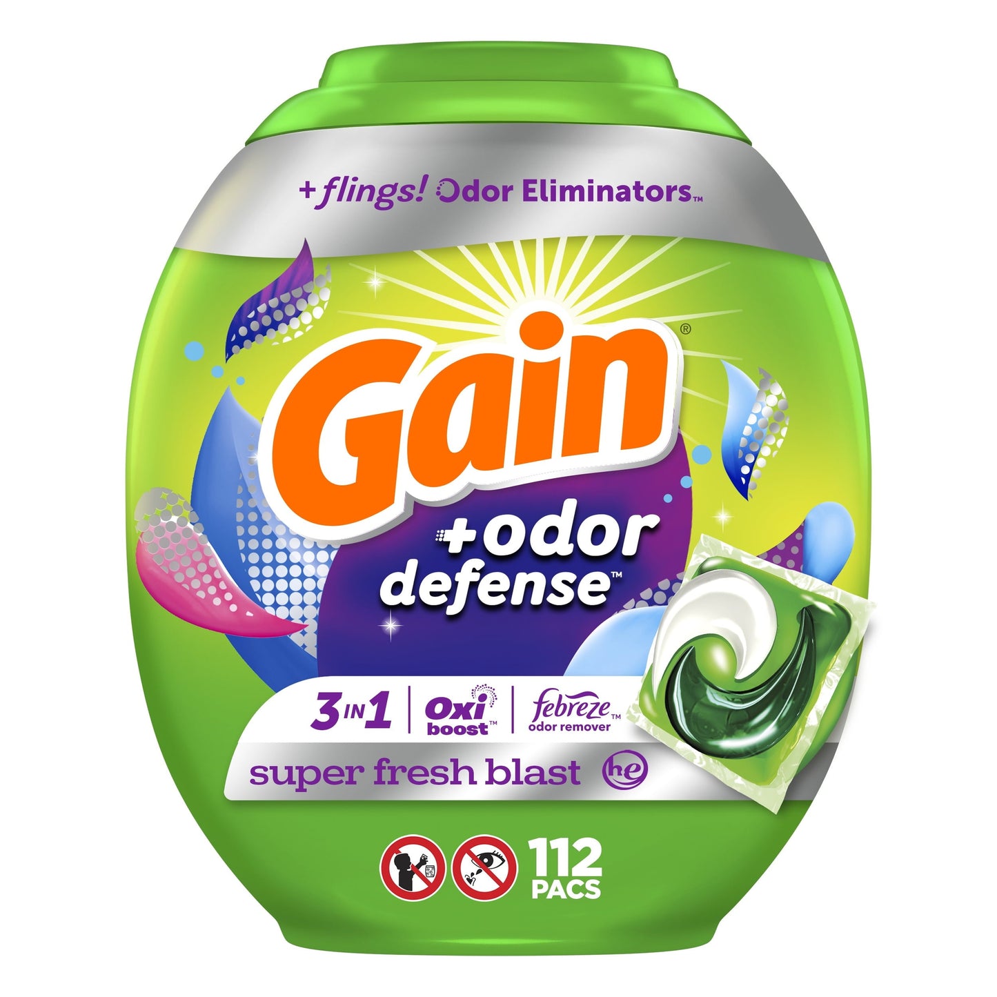 Gain Flings Laundry Detergent Pacs with Odor Defense, 112 Ct, Super Fresh