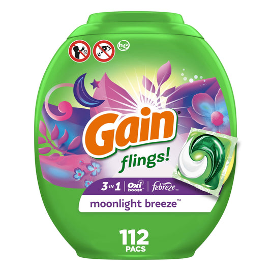 Gain Flings Laundry Detergents Pod, Moonlight Breeze, 112 Ct