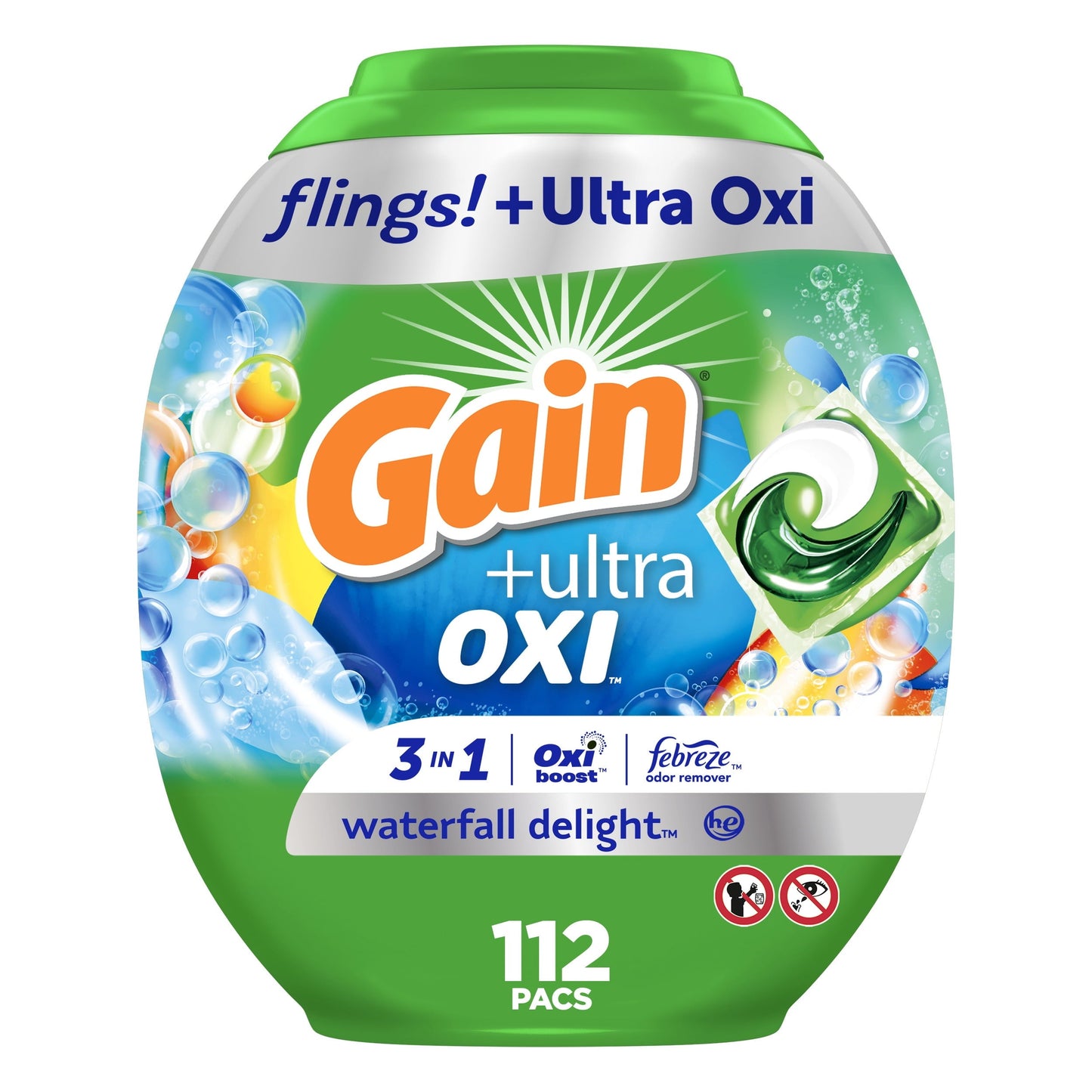 Gain Flings Ultra Oxi Laundry Detergent Pacs 112 Ct Waterfall Delight