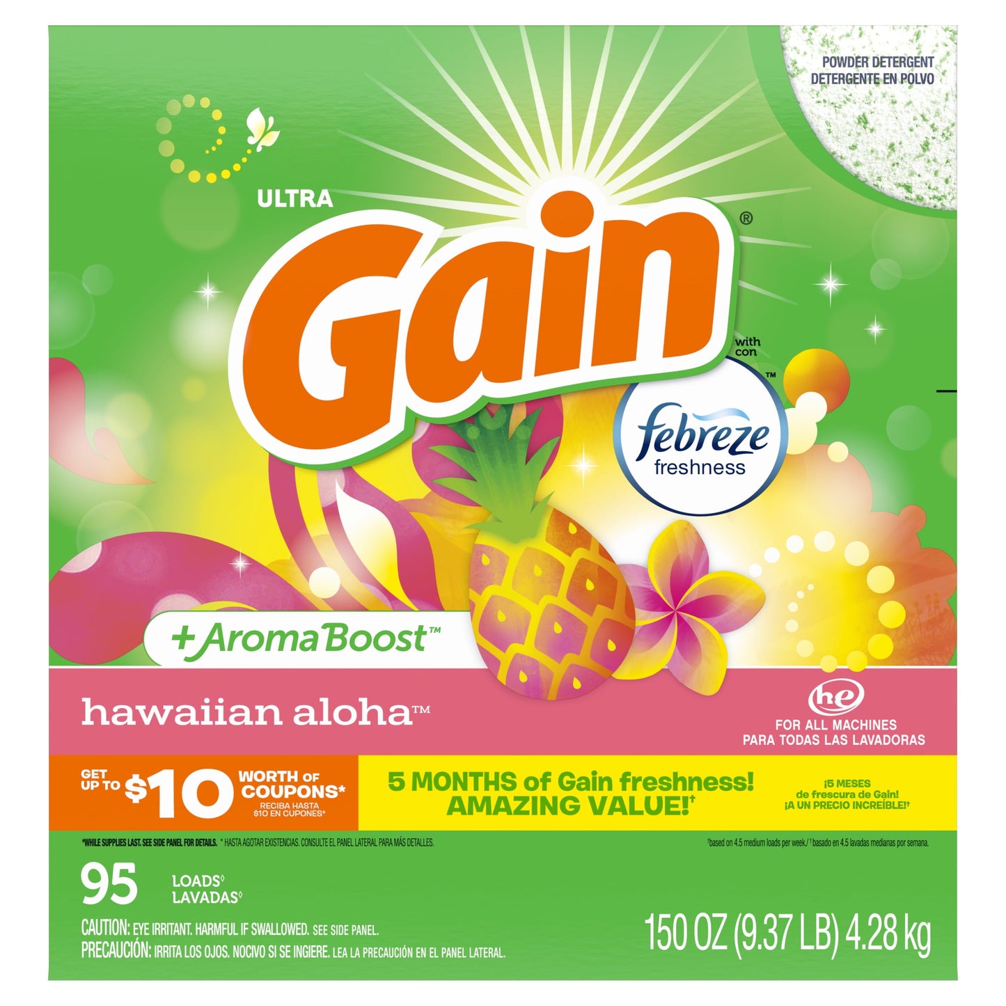 Gain Powder Laundry Detergent for Regular and HE Washers, Hawaiian Aloha Scent, 150 oz, 105 loads
