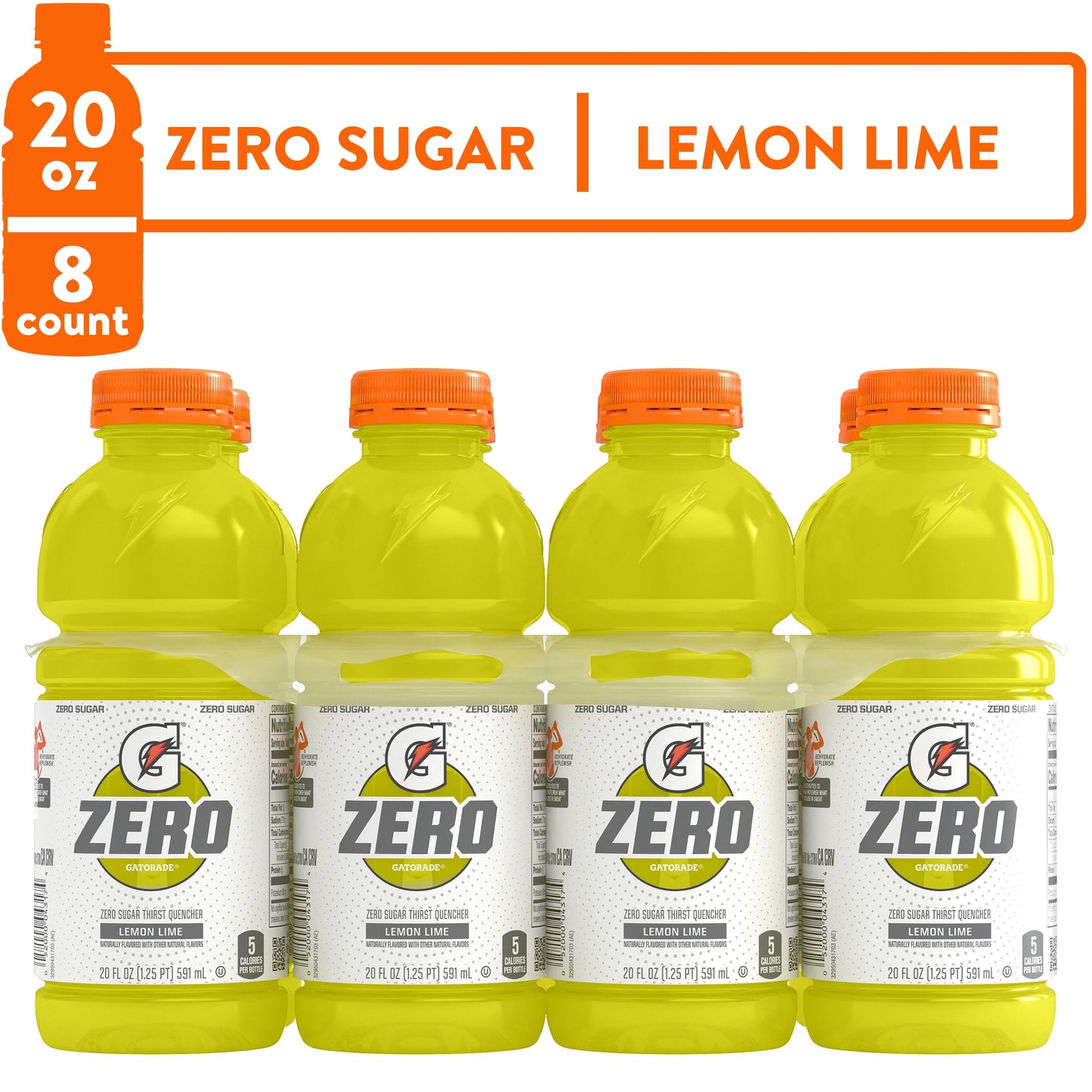 Gatorade G Zero Sugar Lemon Lime Thirst Quencher Sports Drink, 20 oz, 8 Pack Bottles