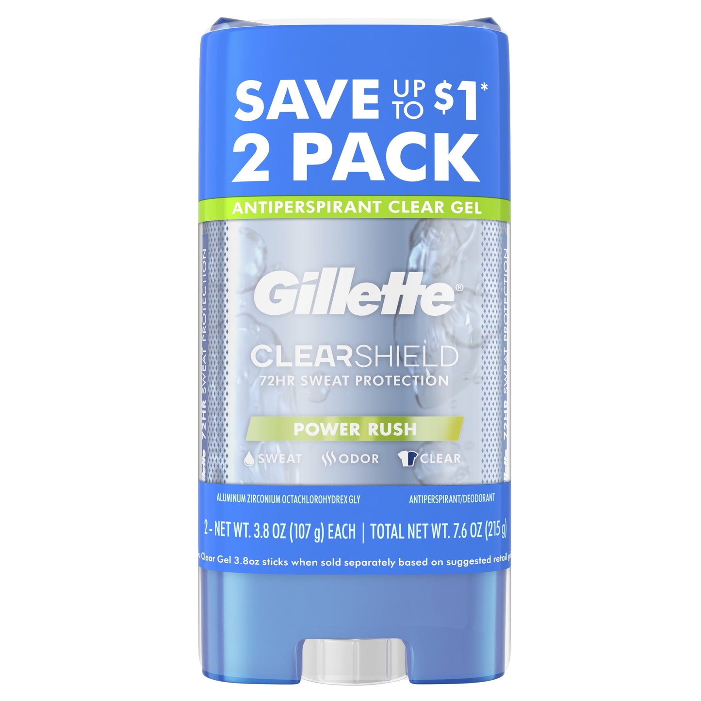 Gillette Antiperspirant Deodorant for Men, Clear Gel, Powder Rush, Twin Pack, 3.8oz