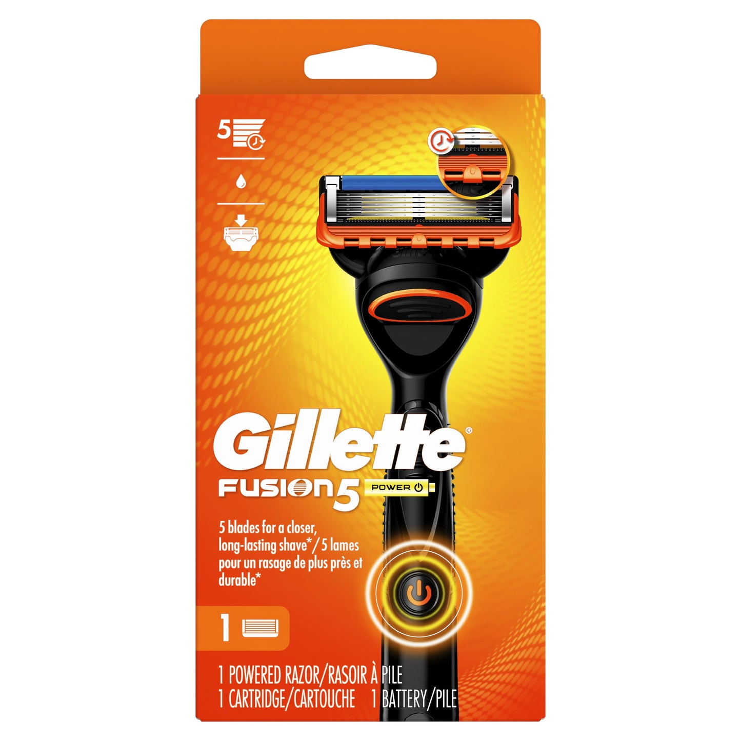 Gillette Fusion5 Power Men's Razor Handle, Orange, 1 Blade Refill