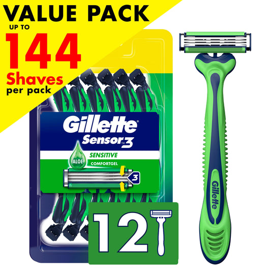 Gillette Sensor3 Sensitive Men's Disposable Razor, 12 Razors, Green