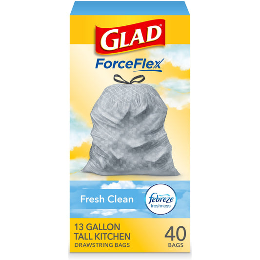 Glad ForceFlex 13 Gallon Tall Kitchen Trash Bags, Fresh Clean Scent, Febreze Freshness, 40 Bags