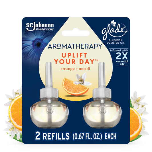 Glade Aromatherapy PlugIns Scented Oil Refills, Air Freshener, Fragrance Infused with Essential Oils, Uplift Your Day Scent with Notes of Orange and Neroli, 2 x 0.67 oz (19.8 ml)