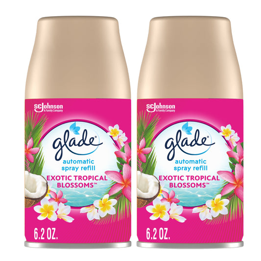 Glade Automatic Spray Refill 2 CT, Exotic Tropical Blossoms, 12.4 OZ. Total, Air Freshener Infused with Essential Oils