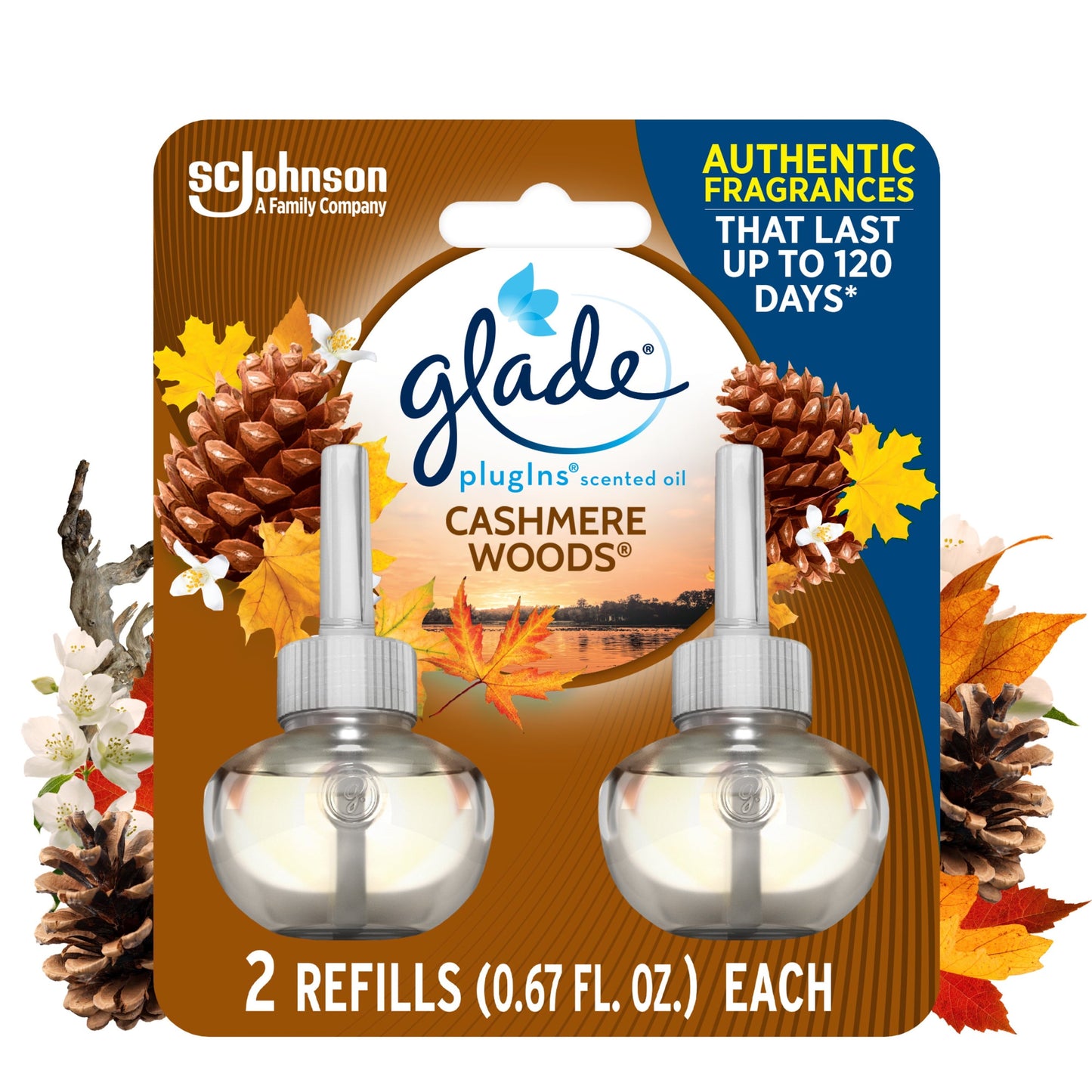 Glade PlugIns Refill 2 ct, Cashmere Woods, 1.34 FL. oz. Total, Scented Oil Air Freshener Infused with Essential Oils