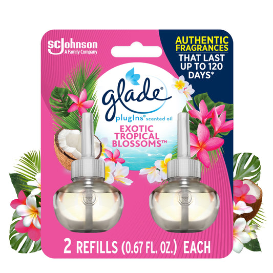 Glade PlugIns Refill 2 ct, Exotic Tropical Blossoms, 1.34 FL. oz. Total, Scented Oil Air Freshener Infused with Essential Oils