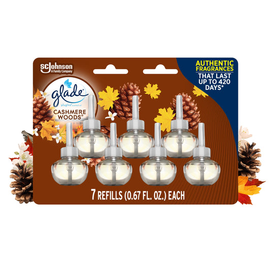 Glade PlugIns Scented Oil Refill Cashmere Woods, Essential Oil Infused Wall Plug In, 4.69 fl oz, Pack of 7