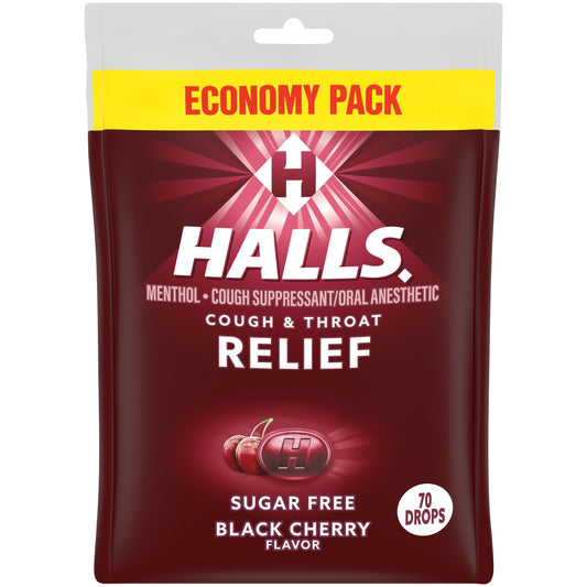 HALLS Relief Sugar Free Black Cherry Flavor Cough Drops, Economy Pack, 1 Bag (70 Drops)