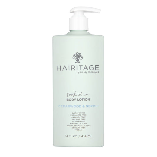 Hairitage Soak It In Cedarwood & Neroli Scented Body Lotion | Niacinamide, Jojoba Oil, & Avocado Oil for All Skin Types | Rosemary & Orange Essential Oils, 14 fl oz