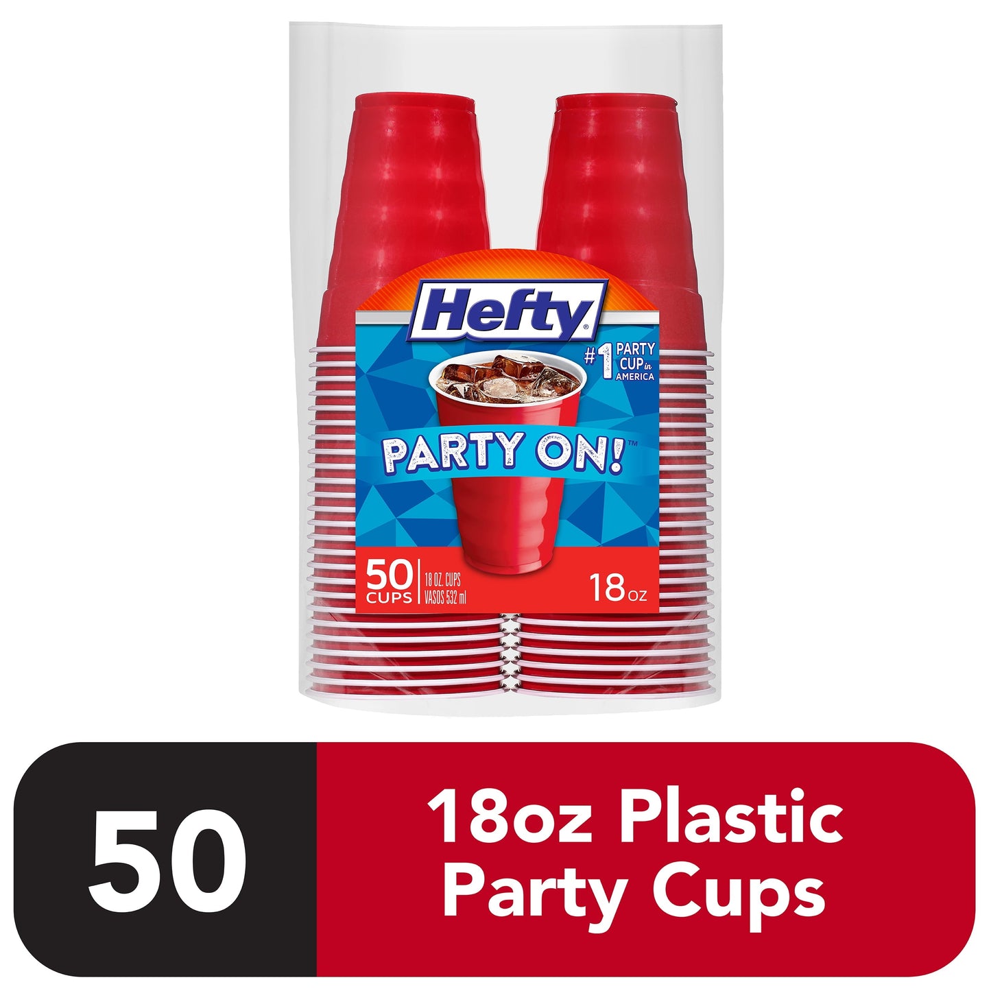 Hefty Party On Disposable Plastic Cups, Red, 18 Ounce, 50 Count