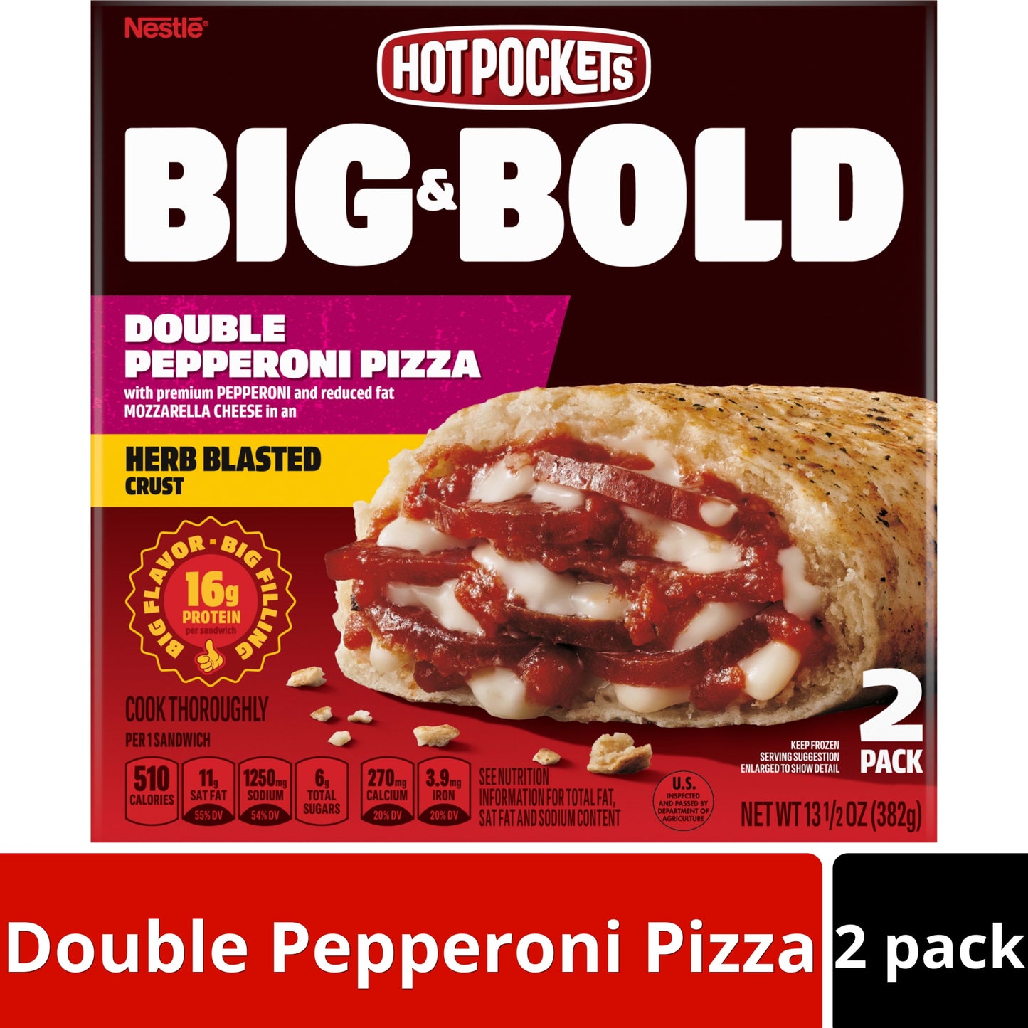 Hot Pockets Frozen Snacks, Big and Bold Double Pepperoni Pizza, 2 Giant Sandwiches