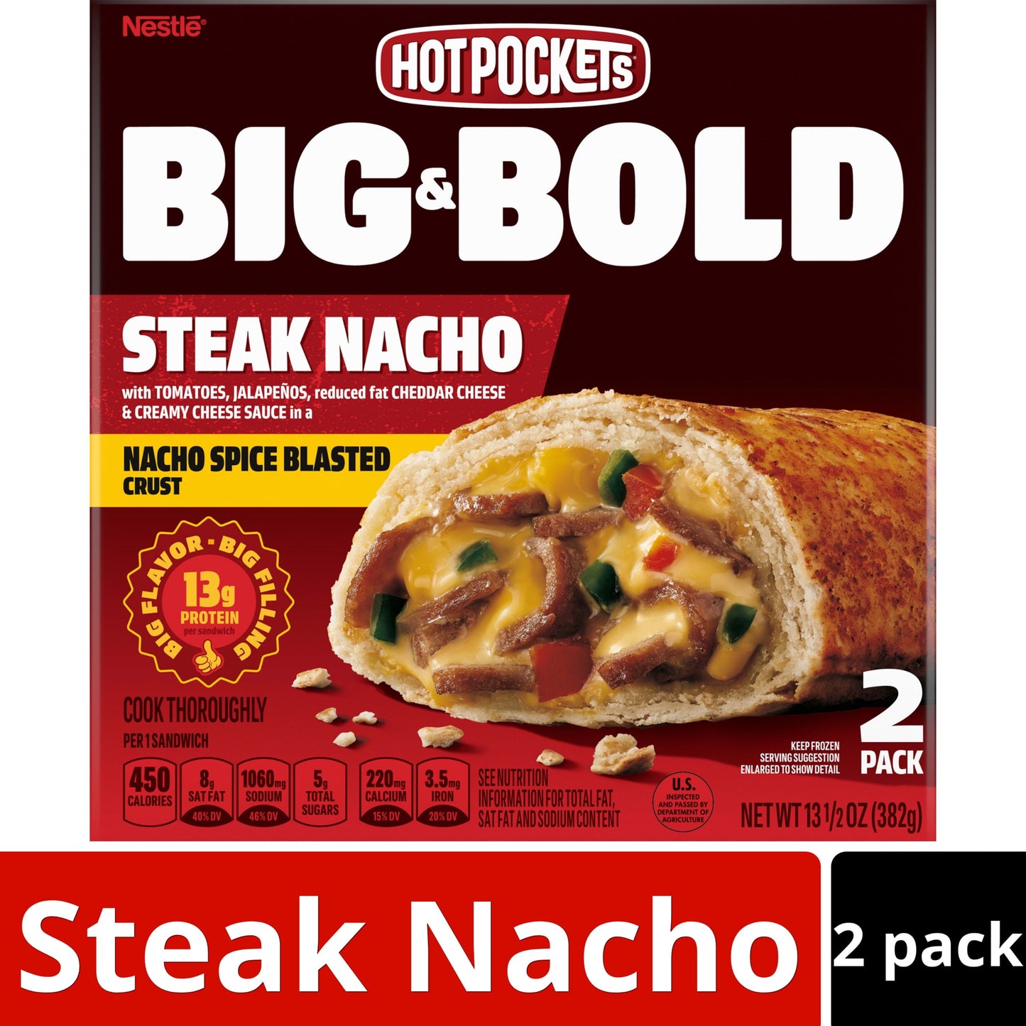 Hot Pockets Frozen Snacks, Big and Bold Steak Nacho, Cheddar Cheese, 2 Giant Sandwiches